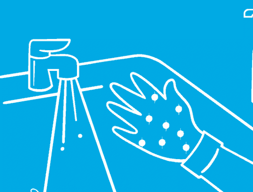 Un GIF ilustrat cu mâini de copil care aplică regulile de igiena personala și se spală pe mâini corect cu apă și săpun.