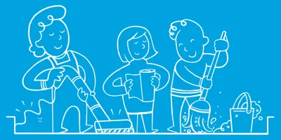 Ilustracija s plavom pozadinom i tri osobe koje obavljaju poslove čišćenja kućanstva.