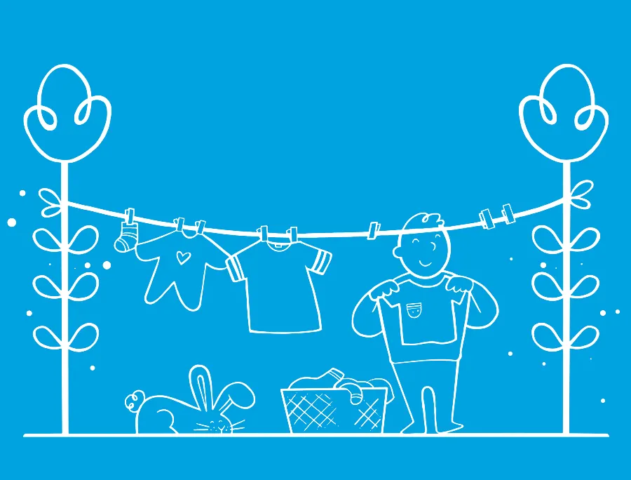 Σε ​​μπλε φόντο είναι ένα λευκό περίγραμμα ενός παιδιού με κοντά φουντωτά μαλλιά που κρεμάει τα ρούχα σε ένα σχοινί για μπουγάδα στον κήπο.