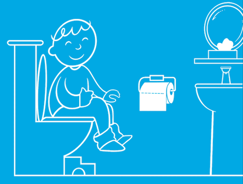 Ilustrirani GIF dječaka koji sjedi na toaletu te povlači rolu toaletnog papira.