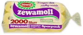 Zewa Zewamoll Toilettenpapier, 3-lagig, extrazart, 2000 Blatt, Großpackung für langlebige Nutzung.