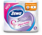 Zewa Smart Toilettenpapier ohne Hülse, doppelt so viel Papier, 3-lagig, kompakt und effizient.