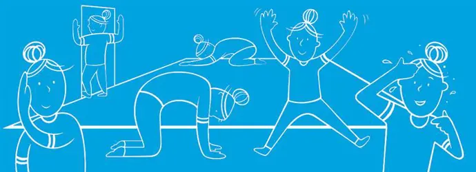 Illustration einer lächelnden Frau, die spielerische Yoga-Posen macht.