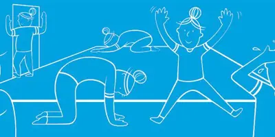 Illustration einer lächelnden Frau, die spielerische Yoga-Posen macht.