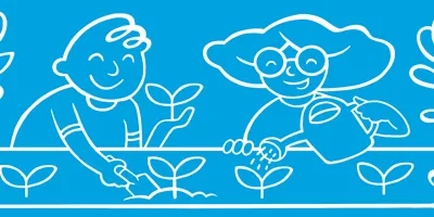 Ilustrovana deca u bašti zalivaju biljke