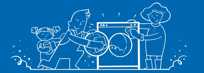 Két felnőtt és egy gyerek illusztrált figura a mosógép mellett áll. A felnőttek a mosógépet törlik papírtörlővel.  