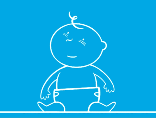 Илюстриран GIF на син фон с ръка, която слага физиологичен разтвор в носа на бебе.