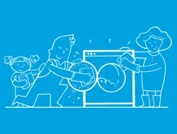 Un desen cu doi adulți și un copil lângă o mașină de spălat, adulții ștergând mașina cu prosoape de bucătărie.