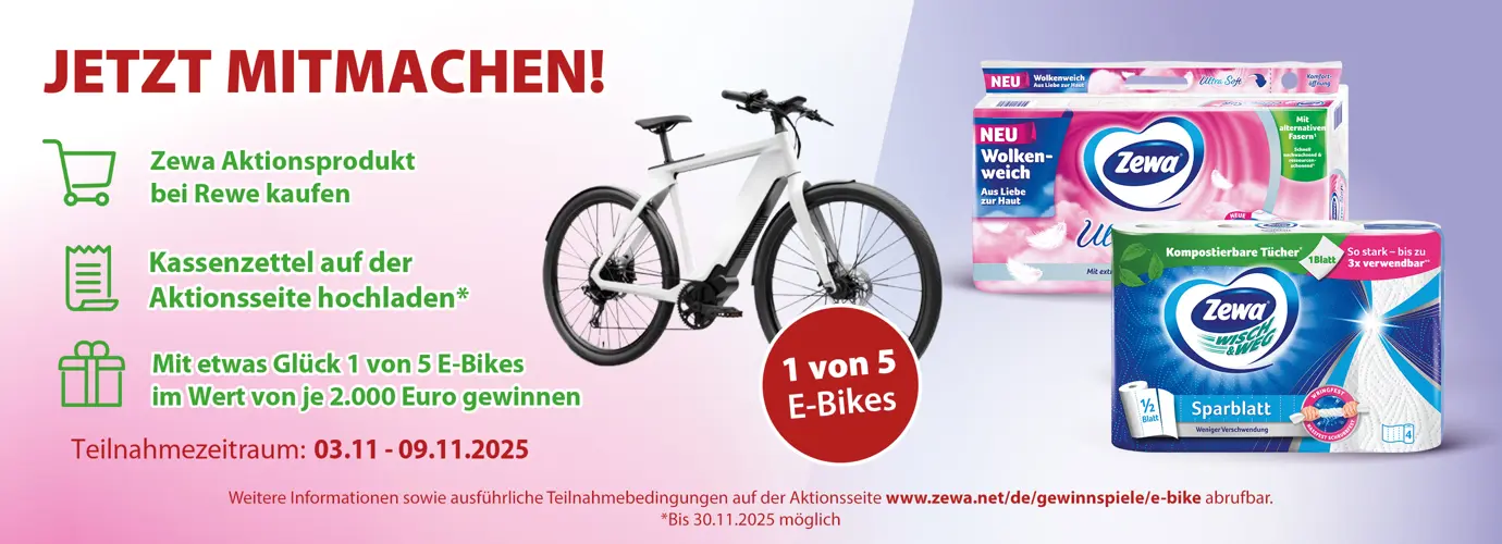Zewa kaufen und mit etwas Glück 1 von 5 E-Bikes gewinnen.
