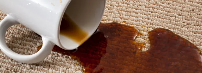 Eine umgekippte weiße Tasse vergießt ihren Inhalt auf einen beigen Teppich.