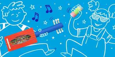 Plava pozadinska ilustracija s dvoje djece koja se igraju instrumentima od kartona