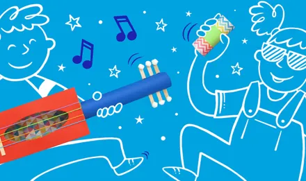 Plava pozadinska ilustracija s dvoje djece koja se igraju instrumentima od kartona