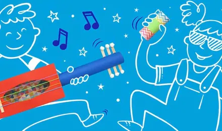 Εικονογραφημένα παιδιά που παίζουν με χειροποίητα μουσικά όργανα κατασκευασμένα από χρωματιστούς χαρτονένιους σωλήνες