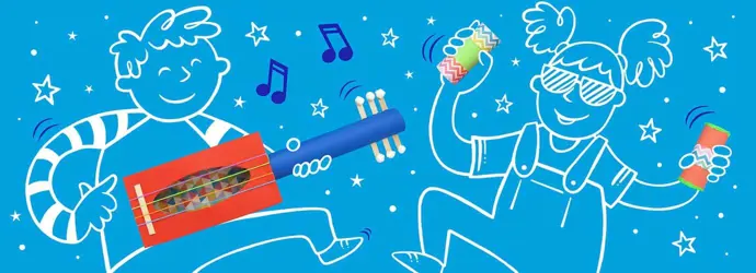 Ένα αγόρι παίζει μια αυτοσχέδια κιθάρα και ένα κορίτσι παίζει μουσική με κουδουνίστρες από χαρτοκυλίνδρους