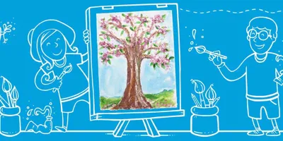 Μια παιδική ζωγραφιά ενός δέντρου σε εικονογραφημένα φόντο με δύο παιδιά που ζωγραφίζουν στο καβαλέτο