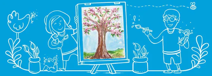 Μια παιδική ζωγραφιά ενός δέντρου σε εικονογραφημένα φόντο με δύο παιδιά που ζωγραφίζουν στο καβαλέτο