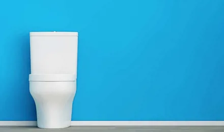Čistá bílá toaleta před modrou zdí