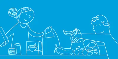 Ein illustriertes Paar packt Lebensmittel aus den Einkaufstaschen