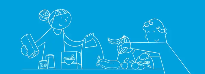 Ein illustriertes Paar packt Lebensmittel aus den Einkaufstaschen
