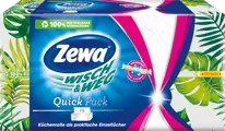 Zewa Wisch&Weg Quick Pack Küchentücher mit tropischem Blätterdesign, praktisch und wiederverschließbar.