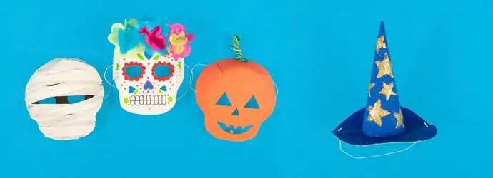 Házi készítésű halloween maszk múmiához, koponyához és tökhöz házi készítésű boszorkánykalappal