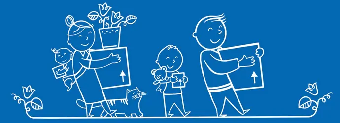 Μια εικονογραφημένη οικογένεια που κρατά κουτιά μετακόμισης