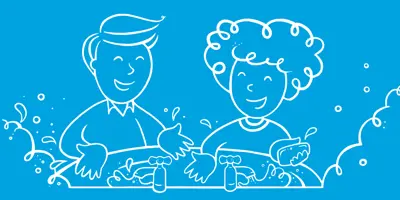 Illustrated man and woman washing their hands in a sink