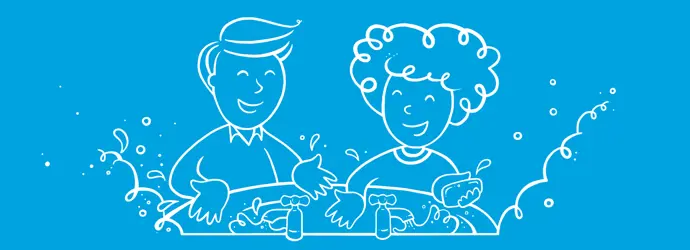 Illustration von zwei Kindern, die lächelnd gemeinsam an einem Waschbecken Hände waschen.