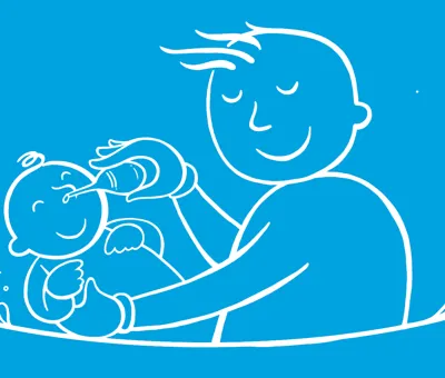 Obrázek táty držícího dítě a čistícího jeho nos odsávačkou