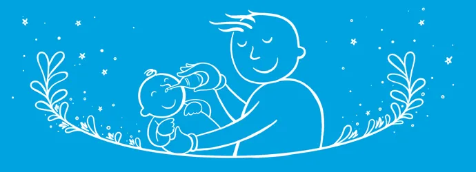 Obrázek táty držícího dítě a čistícího jeho nos odsávačkou