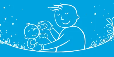 Plava pozadinska ilustracija čovjeka koji briše bebin nos.