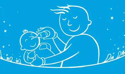 Plava pozadinska ilustracija čovjeka koji briše bebin nos.
