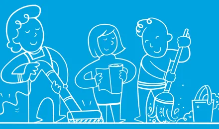 Ilustracija s plavom pozadinom i tri osobe koje obavljaju poslove čišćenja kućanstva.