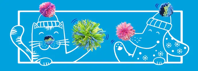 Ilustracija s plavom pozadinom mačke i psa ukrašenih vunenim pomponima