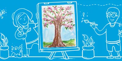 Dječji crtež stabla na ilustriranoj pozadini s dvoje djece koji slikaju na štafelaju