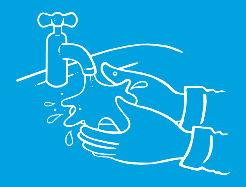 Eine Illustration zur Händehygiene zeigt, wie Handflächen und Daumen gründlich aneinander gerieben werden.