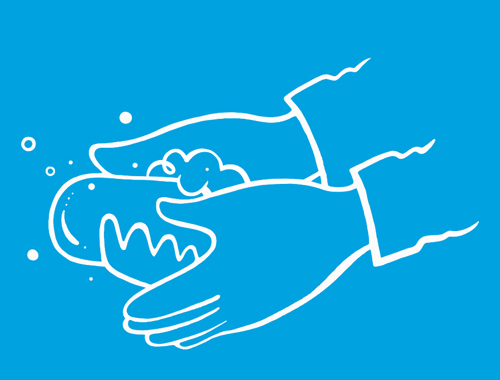 Weiß umrandete Illustration von Händen, die mit Seife eingerieben werden – Teil gründlicher Händehygiene.