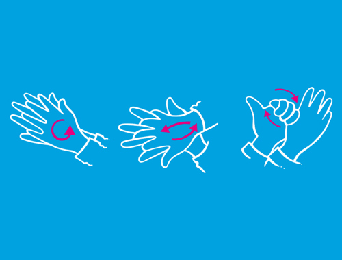 Eine Illustration zur Händehygiene zeigt, wie Handflächen und Daumen gründlich aneinander gerieben werden.