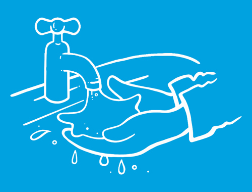Weiß umrandete Illustration von Händen im Seitenprofil, die unter einem Wasserhahn abgespült werden.