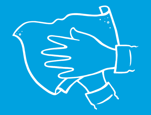 Weiß umrandete Illustration von Händen, die mit einem Hand- oder Papiertuch getrocknet werden.