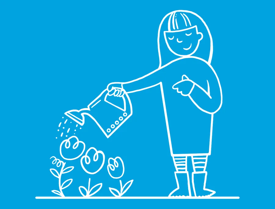 Bílý obrys dítěte zalévajícího květiny; v šatech a botách na modrém pozadí.