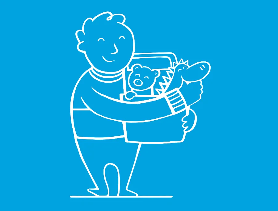 Bílý obrys dítěte na modrém pozadí – dítě s kudrnatými vlasy objímá krabici plnou hraček.