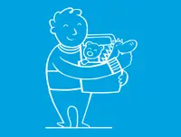 O siluetă albă a unui copil cu părul scurt și bucle îmbrățișând o cutie plină de jucării pe un fundal albastru.