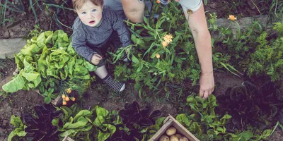  Ребенок учится, как быть более экологичным с его родителями в саду
