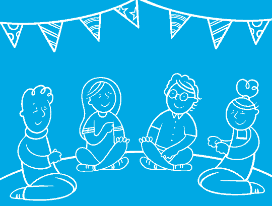 Τέσσερις φίλοι κάθονται σε κύκλο κάτω από μια σειρά από διακοσμητικές γιρλάντες, προτού κάποιος σηκωθεί για να παίξει.