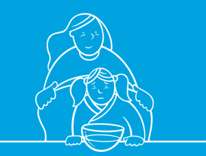 Animirani GIF roditelja koji drži peškir preko detetove glave, sa činijom vode ispred nje.