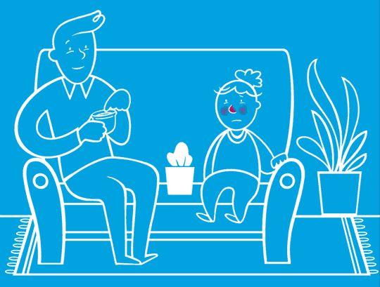 Анімоване зображення батьків, які сидять на дивані з дитиною та наносять бальзам на почервоніння на носі та щоках дитини.