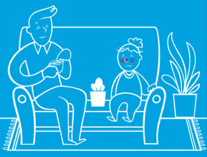 Animirani GIF roditelja koji sedi s detetom na sofi, stavljajući balzam na crvene tačke na detetovom nosu I obrazima.