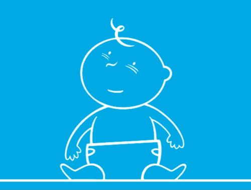 GIF – kresba bílou linkou na modrém pozadí, obrázek ruky kapající roztok do nosu dítěte.