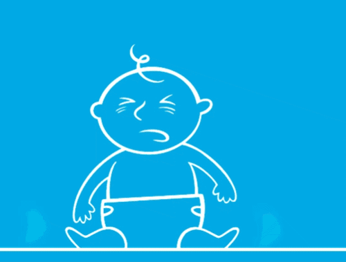 Ilustrirani GIF bebe koja osjeća neugodu koja nestaje dok beba sjedi uspravno između dviju linija koje se kreću i predstavljaju paru.